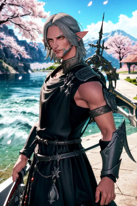 Urianger, looking at viewer, short hair, weapon, outdoors, parted lips, sword, water, armor, tree, yellow eyes, tattoo, facial hair, facial mark, cherry blossoms, portrait, watercraft, weapon on back, boat, <lora:Urianger:0.75>