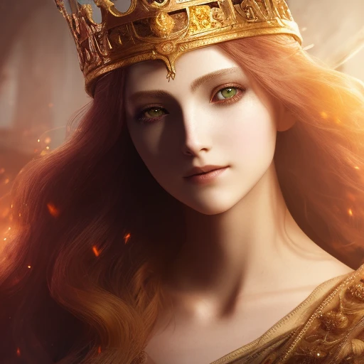 a close up of a woman with a crown on her head, elden ring style, smiling, fire hair, cgsociety contest winner, fantasy art, gol...