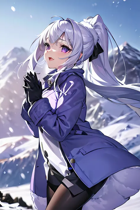 girl, silver hair, long hair, ponytail, purple eyes, large breasts, white fur-trimmed coat, gloves, pantyhose, boots, snow, snowflakes, mountains background