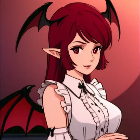 solo mature aged_up 1girl, vampire, pointy ears, head_wings, bat_wings, upper body, by alwaysfaceleft
blouse, lots of frills,
 <lyco:cutie-honey:0.8> cut13h0n3y_style,