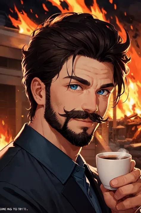 a man with a beard holding a cup of coffee in front of a fire