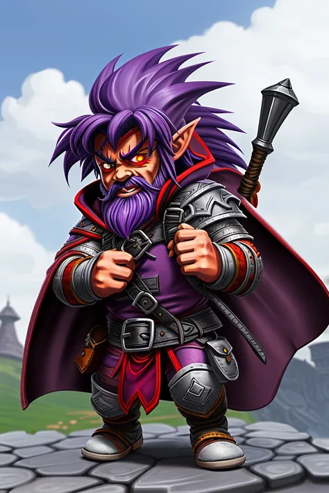 solo, alone, close up, portrait, gnome, rugged, short purple hair, red eyes, wearing a backpack, fantasy thief, perspective, black leather armor, silver trim on cloak, angry <lora:warcraftTheLora_v10:0.5>