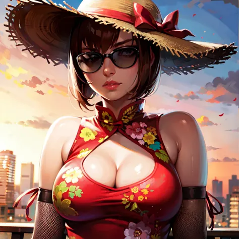 <lora:anna_williams:1>, annawilliams, (annadress:1.2),  elbow gloves, sitting, outdoors, red sun hat, sunglasses, upper body, lo...