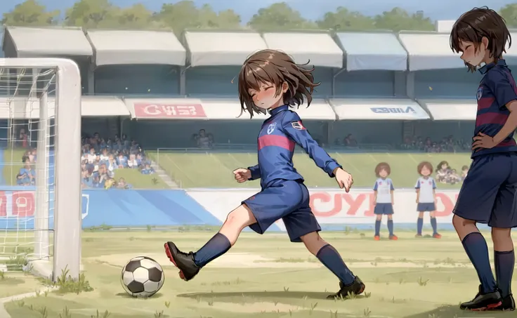 masterpiece, best quality, detailed, 1girl, brown hair, soccer uniform, outdoors, blurry background, crowd, people, crowd of peo...