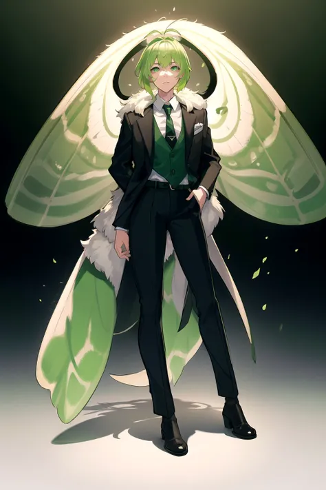 a close up of a person in a suit and tie with a green butterfly