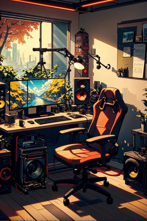 there is a computer desk with a chair and speakers in a room