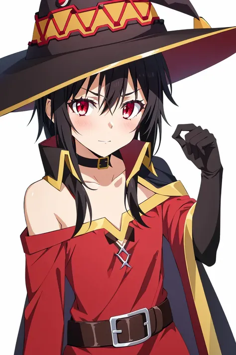 tensura, megumin, 1girl, bare shoulders, black cape, black gloves, black hair, blush, cape, choker, collarbone, dress, hair betw...