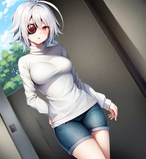 (masterpiece), (best quality), 1girl, solo, (nu-13), red eyes, white hair, braid, ahoge, eyepatch, (jeans), tight pants, sweater...