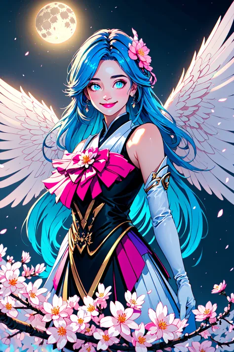 a girl with blue hair and wings standing in front of a full moon