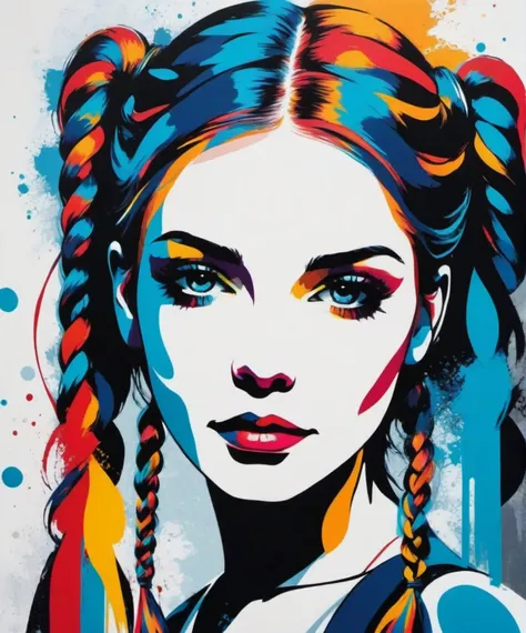 abstract expressionism  , a gorgeous woman, braided pigtails , high contrast, minimalistic, colorful, stark, dramatic, expressio...