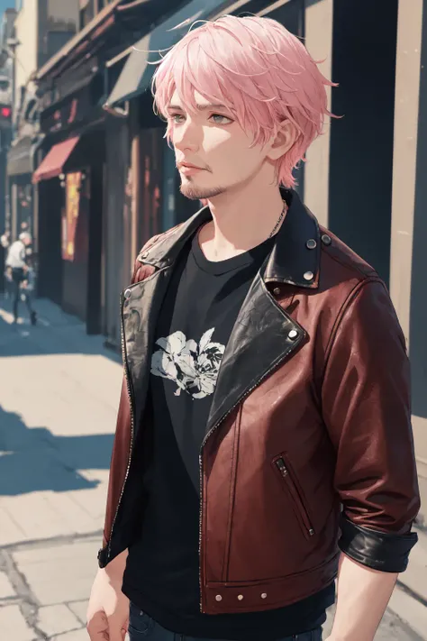 (masterpiece, best quality, ultra-detailed, highres),1boy, male focus, solo, mature skin, stubble, facial hair, beard, long beard, ((pale skin)), ((two tone white and pink hair)), old age, elderly face, wrinkled skin, ((age 65)), ((brown eyes)), blue tshir...