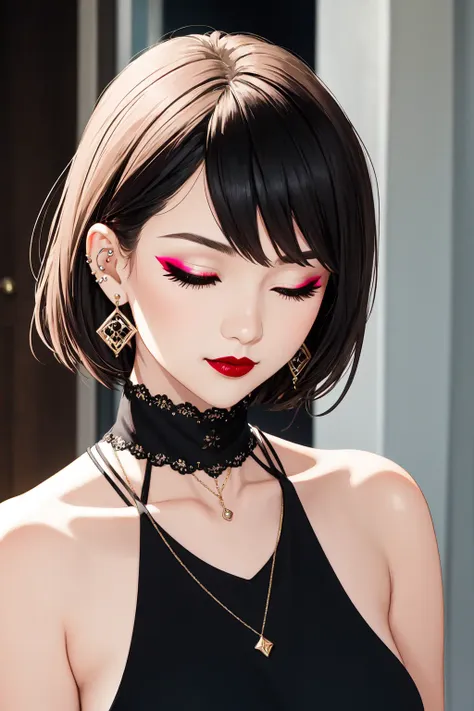 masterpiece, best quality, solo, 1girl, black hair, collar, jewelry, one eye closed, short hair, earrings, piercing, makeup, lip...