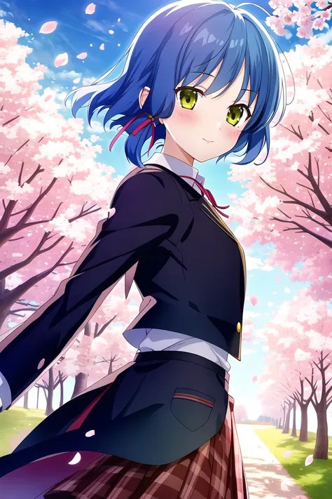 masterpiece, best quality, highres, game cg, 1girl, yamada ryou, cherry blossoms, petals, flying petals, wind