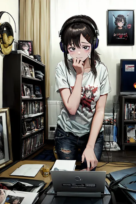 absurdres, highres, best quality, <lora:estheticNadegataStyle_nadev1:1> nadegata style, 1girl, <lora:kobeni_v10:1> kobeni, black hair, ponytail, sweatdrop, bedroom, vinyl, cd, headphones,