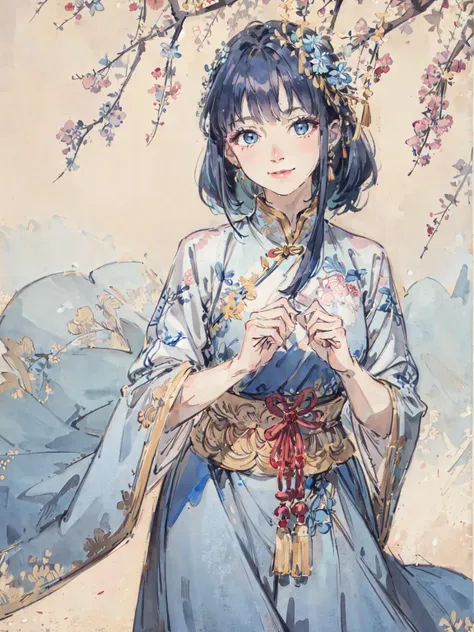 anime girl in traditional dress with umbrella under cherry tree