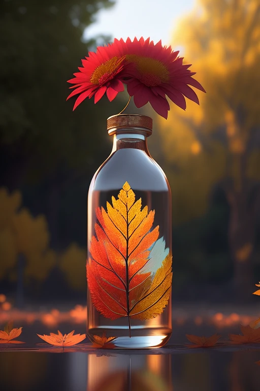 dreamlikeart tree in a bottle, fluffy, realistic, photo, canon, dreamlike, art, colourful leaves and branches with flowers on to...