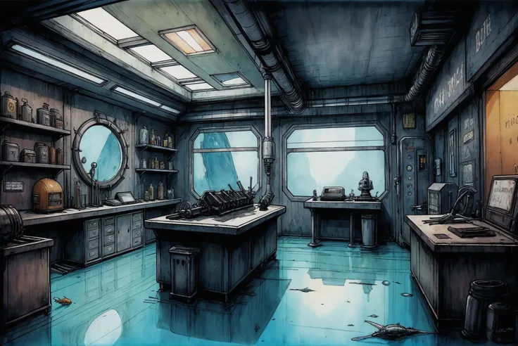 detailed dark watercolor sketch, futuristic weapon shop \(room\) in a a cheerful scifi underwater megacity at the beginning of t...