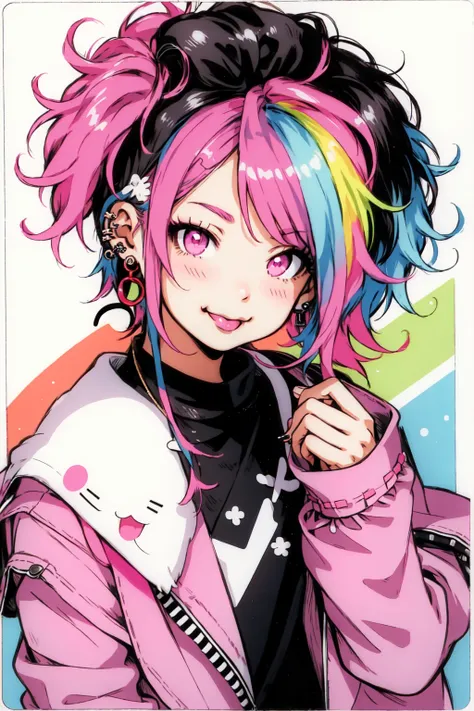 Niji Kei, looking at viewer, blush, smile, bangs, long sleeves, twintails, jewelry, blue hair, jacket, upper body, pink hair, multicolored hair, earrings, tongue, tongue out, pink eyes, black jacket, piercing, ear piercing, candy, :p, lollipop, 1boy<lora:N...