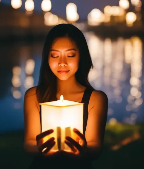 a realistic portrait of a beautiful woman holding a paper boat lantern in the dark, chv3sdark, photo taken at night, on a dark b...