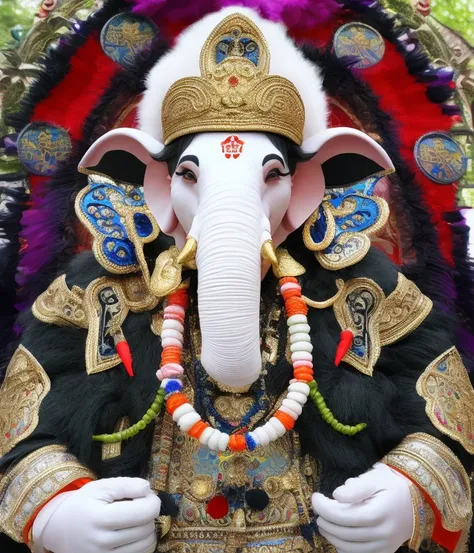 ganesh in an elaborate feathered costume with 2 arms, anthropomorphic elephant shinigami at a shrine, a realistic detail, chv3cs...