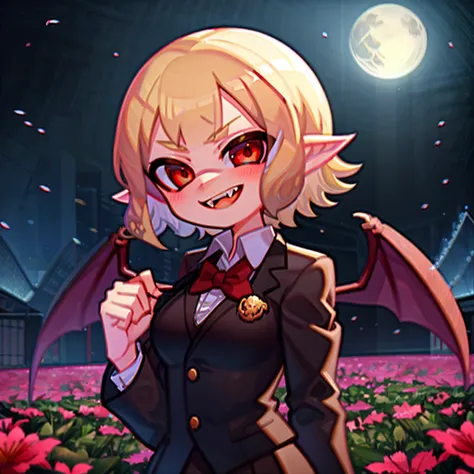 pointy ears, short hair, fangs, upper body, solo mature 1girl, in a field of flowers,  night sky, smirk, full moon <lyco:HerrscherAGGA2023_SD_Splatoon_Inkling_LORA_V1:1.0>, bowtie, brooch, pencil_skirt, blonde hair, tuxedo, head_wings, red_eyes, vampire