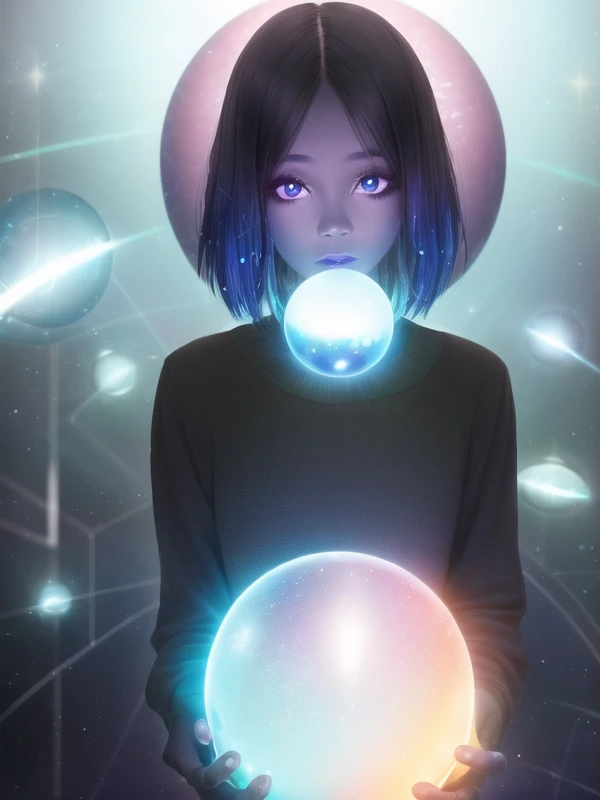 1girl, alien, black_hair, blue_skin, colored_skin, eyelashes, glowing, gradient, gradient_background, grey_skin, hologram, lips, looking_at_viewer, orb, short_hair, solo, upper_body