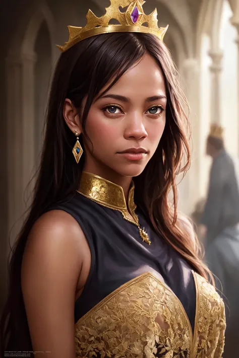 (extremely detailed CG unity 8k wallpaper), (photorealistic:1.4), dark skin, dark-skinned woman, zoe saldana, medieval queen, green vale, golden crown, diamonds, medieval architecture, professional majestic oil painting by Ed Blinkey, Atey Ghailan, Studio ...