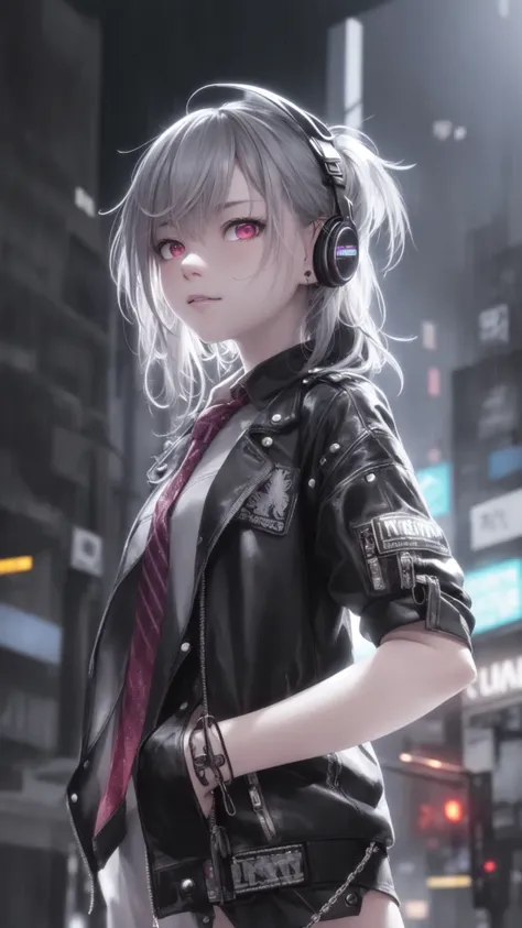 A highly detailed portrait of a solo 1girl standing on a street corner, during a rainstorm with lightning strikes and a cloudy sky, neon and cyberpunk background, she is wearing punk clothes with silver chains and silver spikes, she has a butterfly wing ha...
