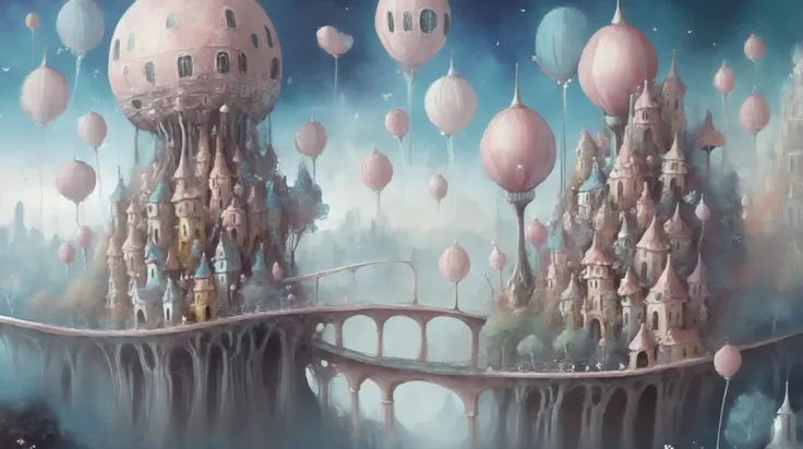 painting of a castle with balloons floating over a bridge