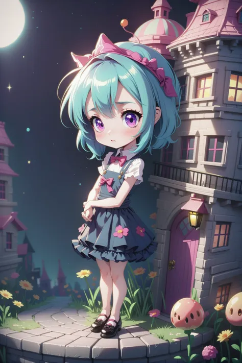 a girl in a dress standing in front of a castle