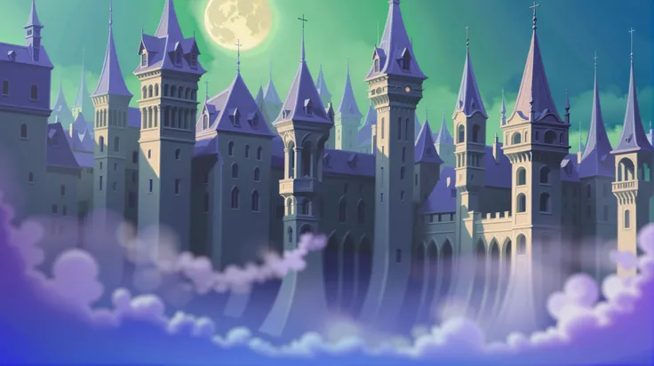 there is a castle with a full moon in the sky