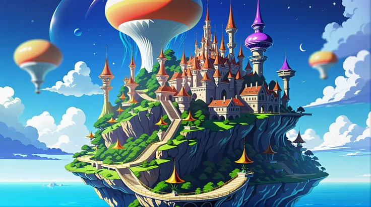 a close up of a castle on a small island with a hot air balloon