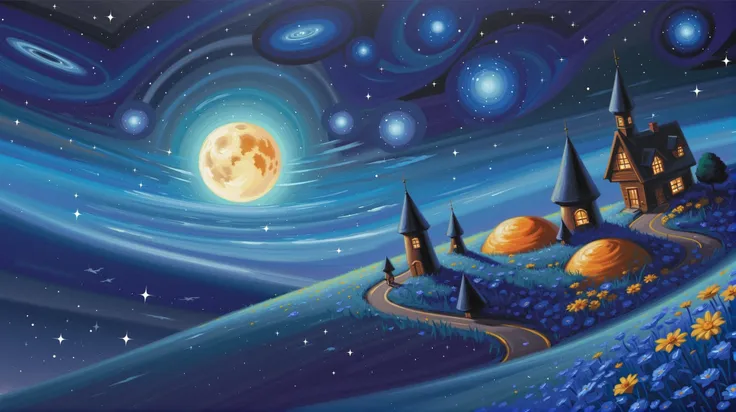 painting of a castle on a hill with a full moon in the sky