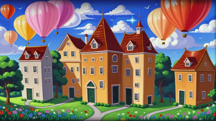 there are many balloons flying over a large building with a path