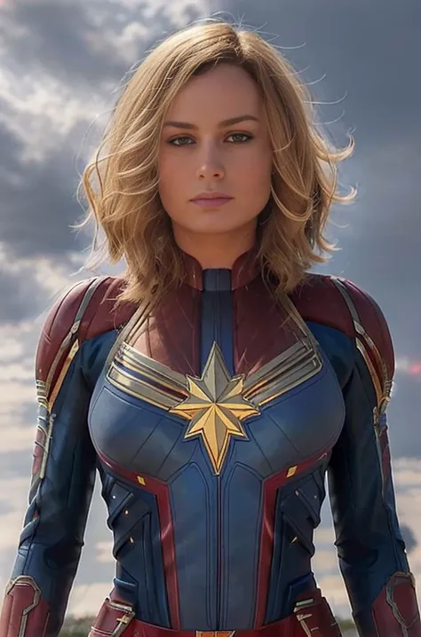 brie larson, medium hair, full body portrait, wearing captain marvel outfit, sexy, cleavage, breasts showing