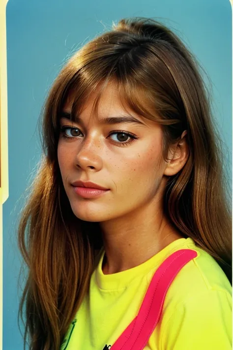 FrancoiseHardy, ((kooky portrait of 1980s mall teen in retro clothing, shopping mall, neon colors, shot on VHS))