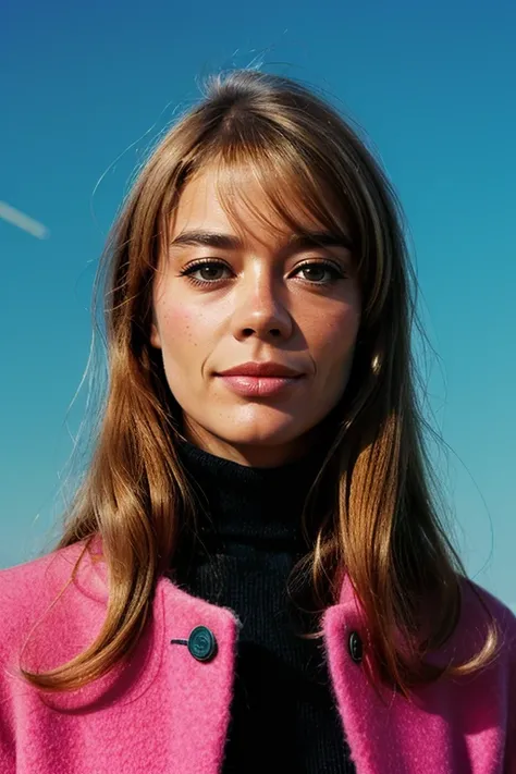 FrancoiseHardy, (upper body, neon sign in the background, luxurious wool jacket, turtleneck, makeup, character album cover, psychedelia style, joy, promotional photoshoot, Vogue magazine cover style, promotional render), Paris street background