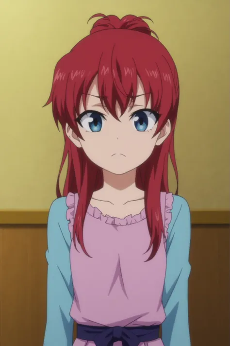 a woman with red hair and blue eyes is sitting down