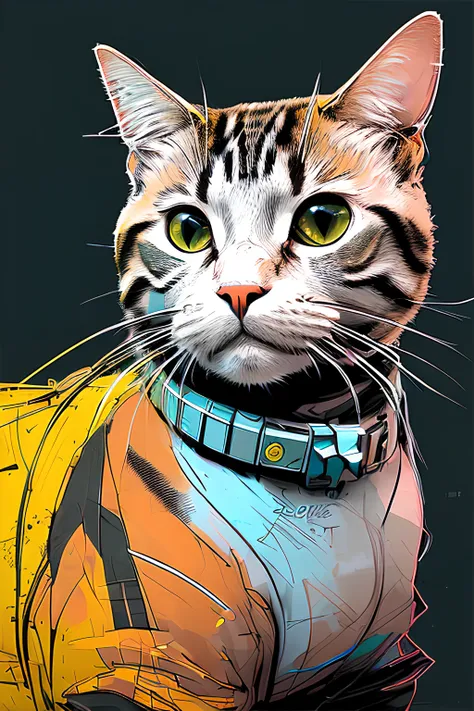 (samdoesarts:1.3), nvinkpunk, a photorealistic portrait of a cat, cyber cat, cyborg animal, drawing, thick lines