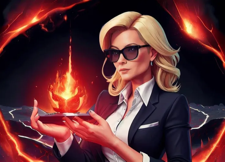 a woman in a suit holding a cell phone in front of a fire ring