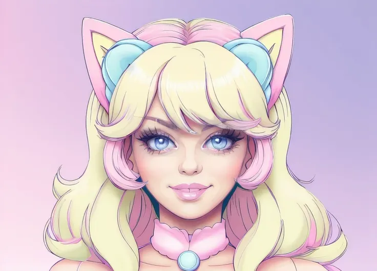 a close up of a cartoon girl with a cat ear and a necklace