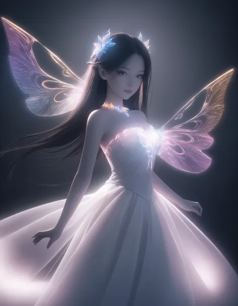 a woman in a white dress with a fairy wings on her head