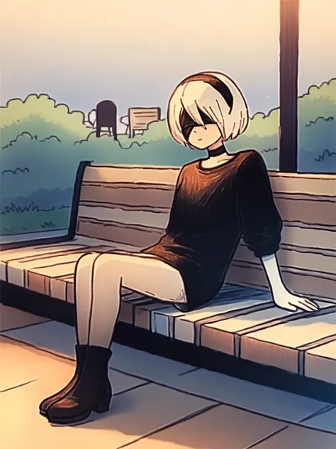 anime girl sitting on a bench in a park with a lamp post