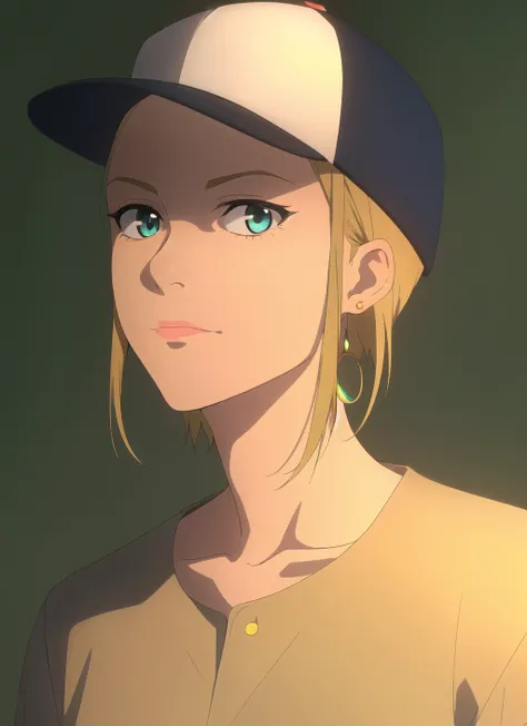 witcher, masterpiece, best quality, 1girl, aqua eyes, baseball cap, blonde hair, closed mouth, earrings, green background, hat, hoop earrings, jewelry, looking at viewer, shirt, short hair, simple background, solo, upper body, yellow shirt <lora:witcher_of...