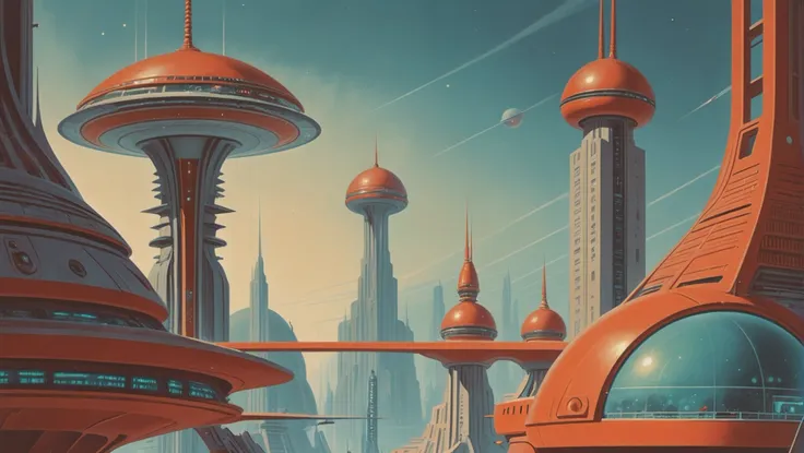 mid-century scifi, wonderous fantasy metropolis outside of the universe<lora:envystarlightmidcenturyscifi01:1:1:lbw=sdxl_style>