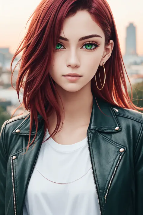 (masterpiece, best quality, ultra-detailed, highres),1girl, solo, ((pale skin)), ((red hair)), ((green eyes)), blue tshirt, leat...