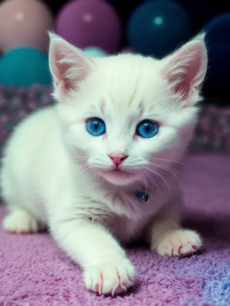 a cute little white kitten on a small blue circular rug, playing with rainbow coloured balls, 
high definition, insanely detaile...