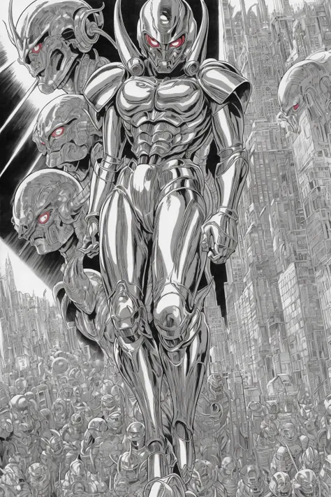 masterpiece, best quality, army of alien monsters, metropolis, (by jim lee:1.2), (comic book \(style\):1.0), ink drawing, (full ...