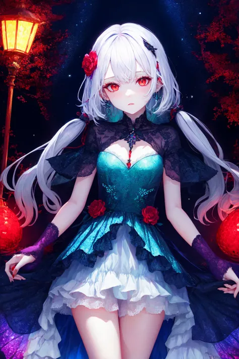 polychrome, 1girl, fish scale dress, refraction, night, dark, white hair, red eyes,