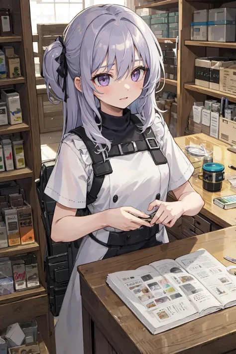 anime girl in a white apron sitting at a desk with a newspaper